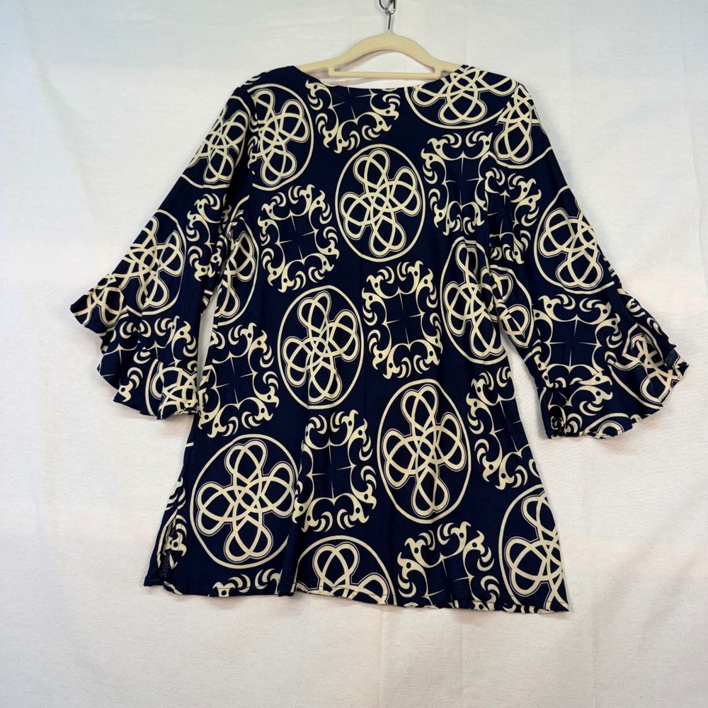 Escapada Navy Blue Cream Geometric Scroll Ruffle Sleeve Tunic Top Rayon Medium - Picture 2 of 6